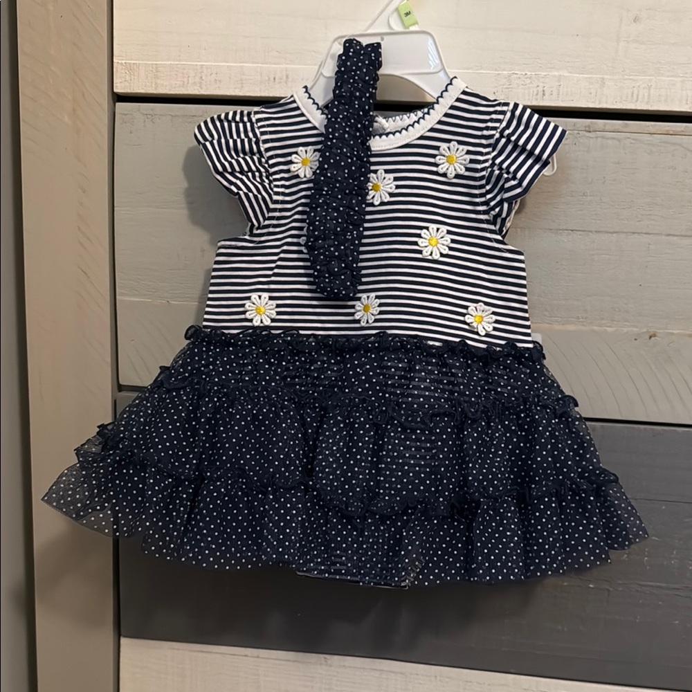Little Me Navy and White Striped Baby Dress and Headband